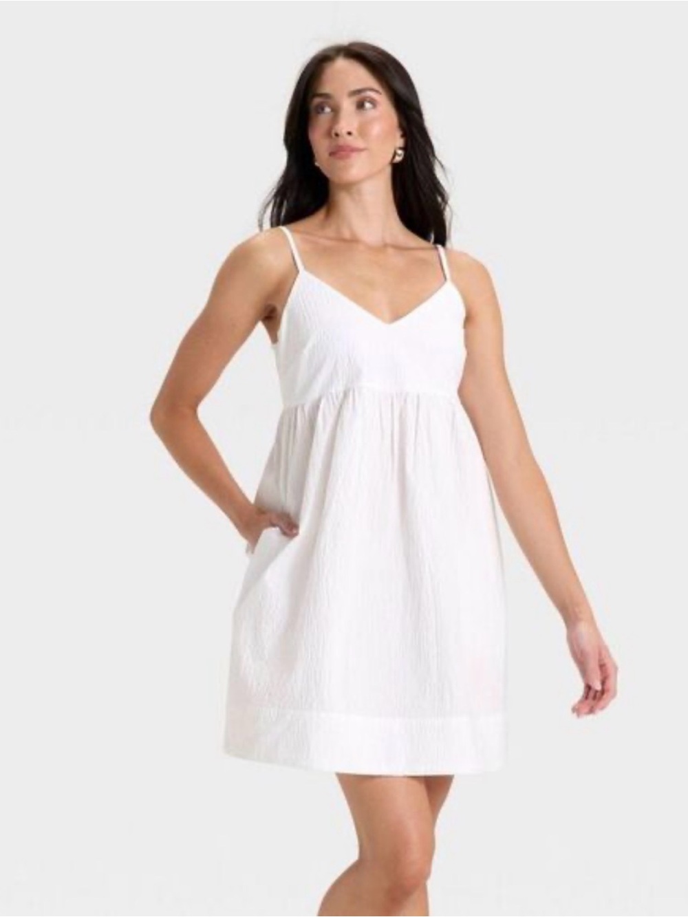 White Seersucker Mini Dress M Mini Babydoll Dress white party cruise vacation